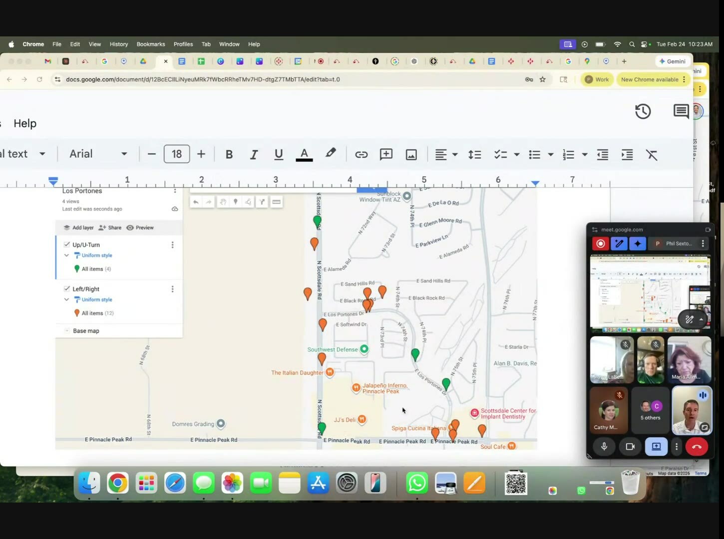 A Google My Maps sign-placement plan titled "Los Portones" with 16 numbered pins along Scottsdale Road and Pinnacle Peak, organized into "Up/U-Turn" and "Left/Right" layers