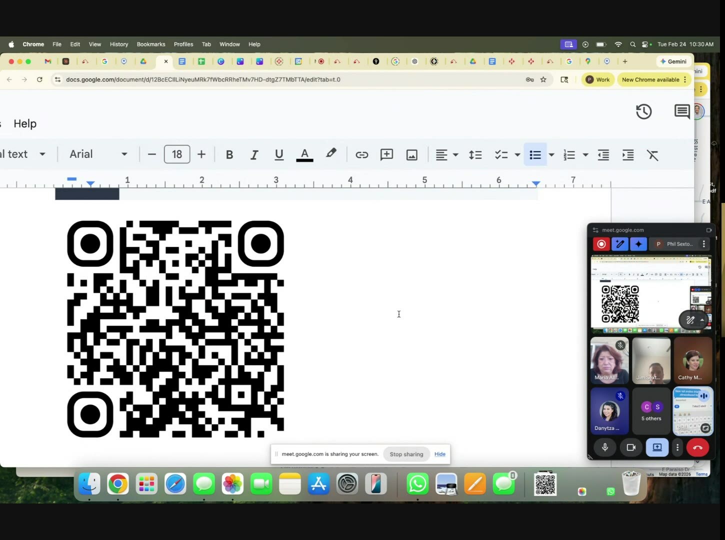 A large QR code shown in the class notes; on the phone beside it, scanning the code has opened a text to Phil pre-filled with "Gate Code?" (a prior thread shows "Paint colors for wall and baseboards. Delivered")