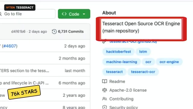 Tesseract GitHub repository About panel reading Tesseract Open Source OCR Engine main repository with 76k stars
