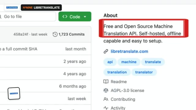 LibreTranslate GitHub About panel reading Free and Open Source Machine Translation API self-hosted offline capable