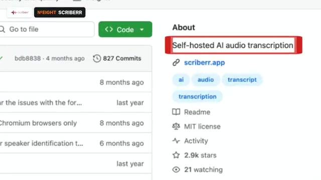 Scriberr GitHub About panel reading Self-hosted AI audio transcription with MIT license and 2.9k stars