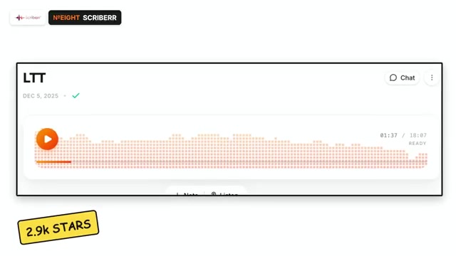 Scriberr app interface showing an audio waveform player for a recording named LTT