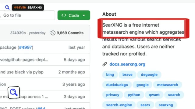 SearXNG GitHub About panel reading a free internet metasearch engine, users are neither tracked nor profiled
