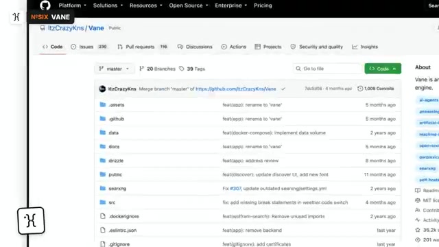 Vane GitHub repository page under ItzCrazyKns with commit messages reading rename to vane