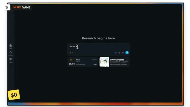 Vane application interface, a dark screen reading Research begins here with a prompt box