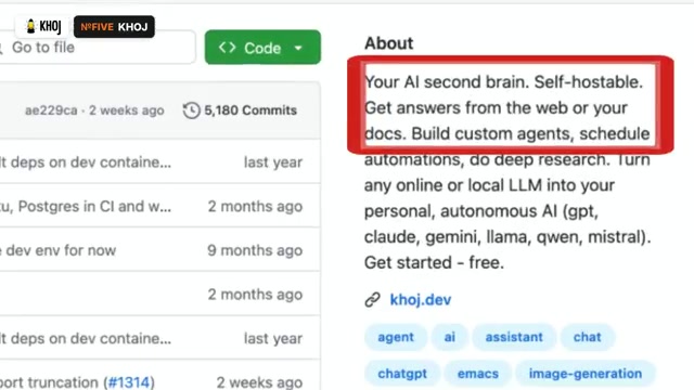 Khoj GitHub About panel reading Your AI second brain, self-hostable, get answers from the web or your docs