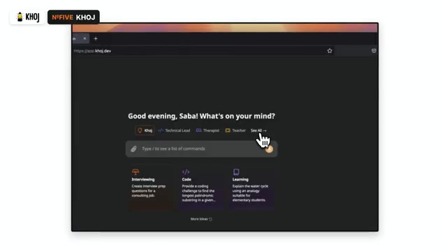 Khoj app interface at app.khoj.dev greeting Good evening Saba with agent modes and a command box