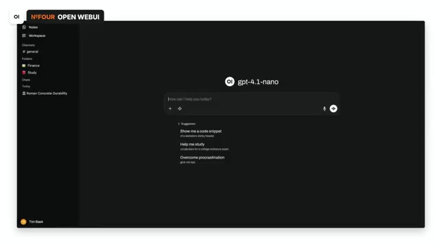 Open WebUI chat interface running model gpt-4.1-nano with prompt suggestions
