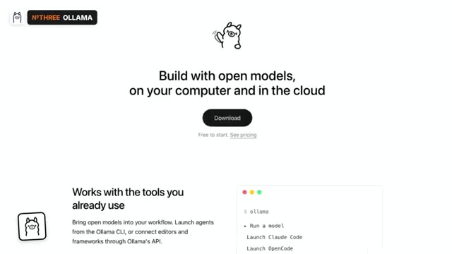 Ollama homepage reading Build with open models on your computer and in the cloud with an ollama terminal