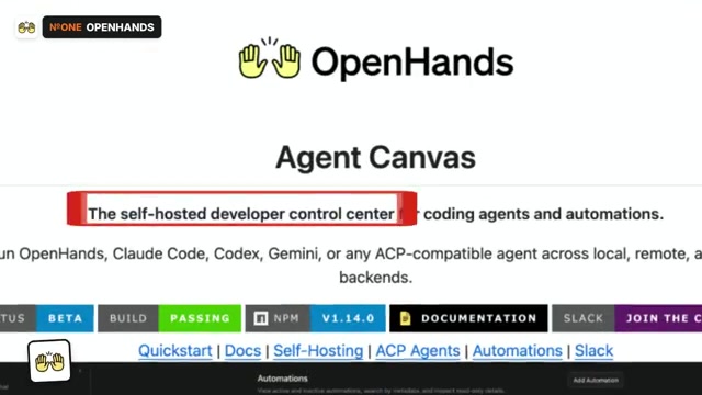 OpenHands landing page titled Agent Canvas, the self-hosted developer control center for coding agents