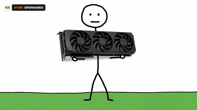 Stick figure holding a large three-fan GPU, illustrating the graphics-card requirement