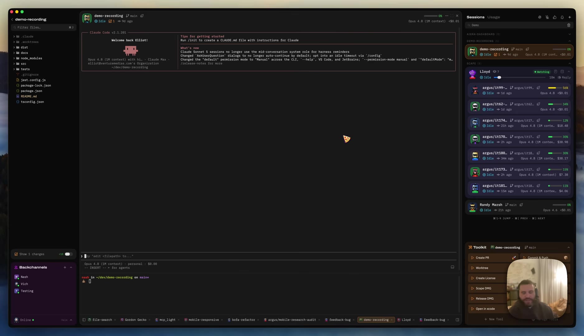 Scape app: file tree of a repo with a Claude Code session on the left, a Sessions panel on the right listing an orchestrator named Lloyd (Watching, 10-minute cadence) above a stack of argus child sessions, and a Toolkit of actions at lower right