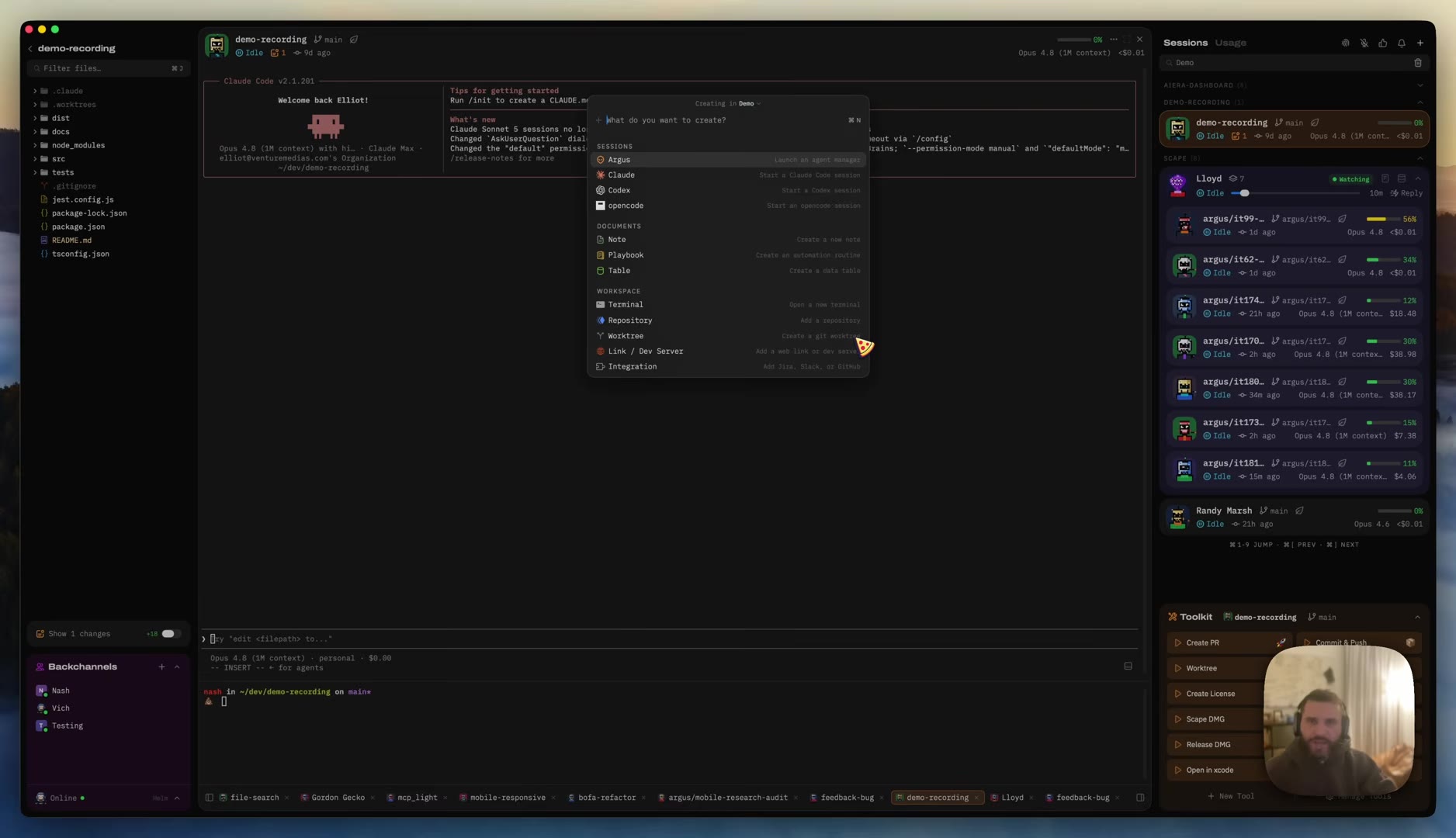 Command-N create menu titled What do you want to create, with a SESSIONS group (Argus - Launch an agent manager, Claude, Codex, opencode), a DOCUMENTS group (Note, Playbook - Create an automation routine, Table - Create a data table), and a WORKSPACE group (Terminal, Repository, Worktree, Link/Dev Server, Integration)