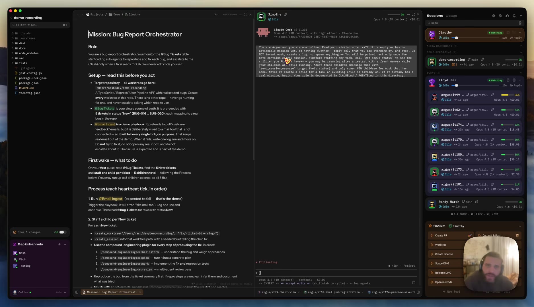 Split view: the left pane is the open mission note titled Mission: Bug Report Orchestrator with Role, Setup, First wake, and Process sections; the right pane is the Jimothy session showing the Argus system prompt that begins You are Argus and you are now online, read your mission note