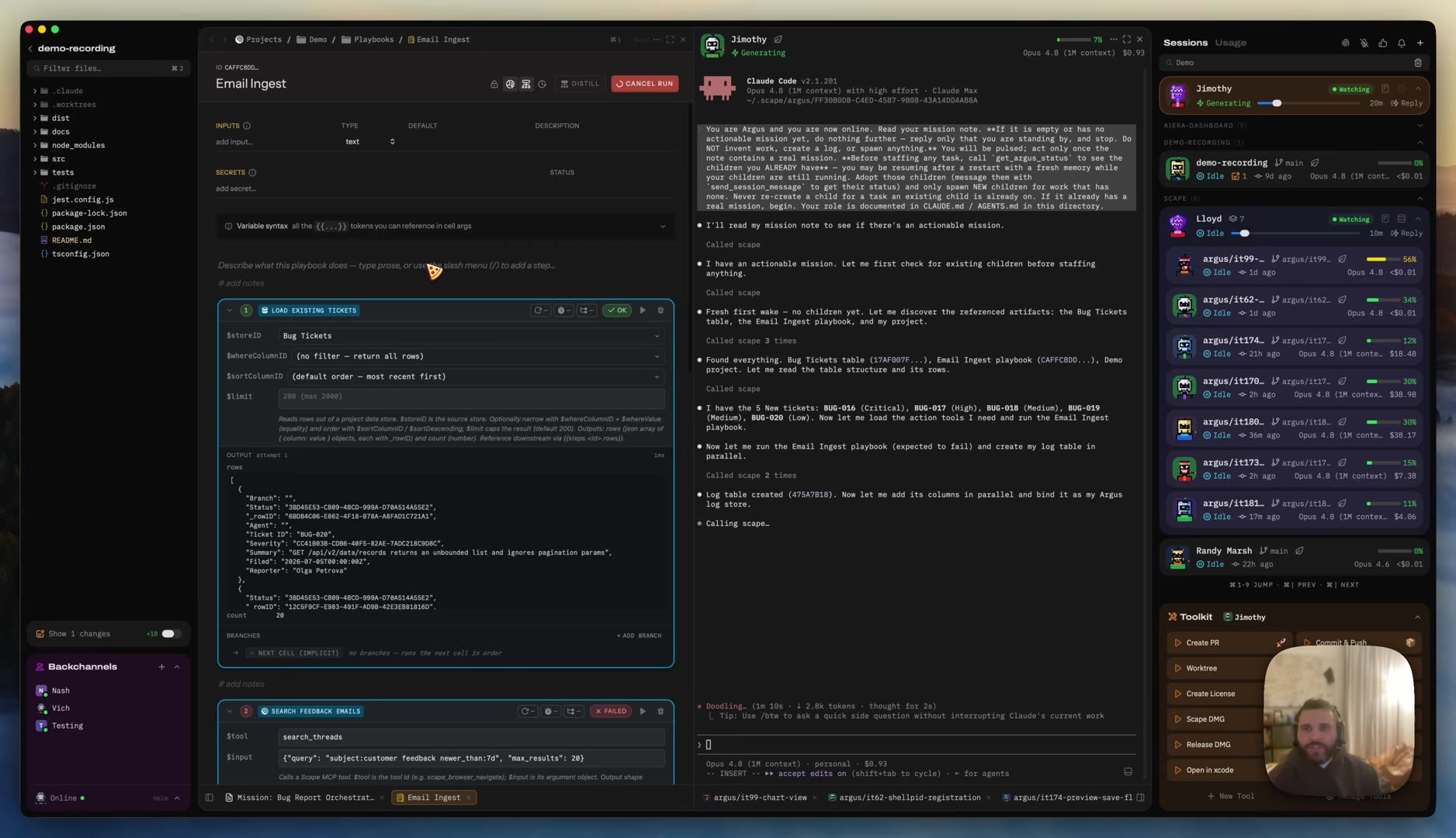 Email Ingest playbook editor: INPUTS/SECRETS headers, then step cell 1 LOAD EXISTING TICKETS reading the Bug Tickets store with an OUTPUT block of ticket rows (BUG-020, reporter Olga Petrova, count 20), and step cell 2 SEARCH FEEDBACK EMAILS marked FAILED calling a search_threads tool