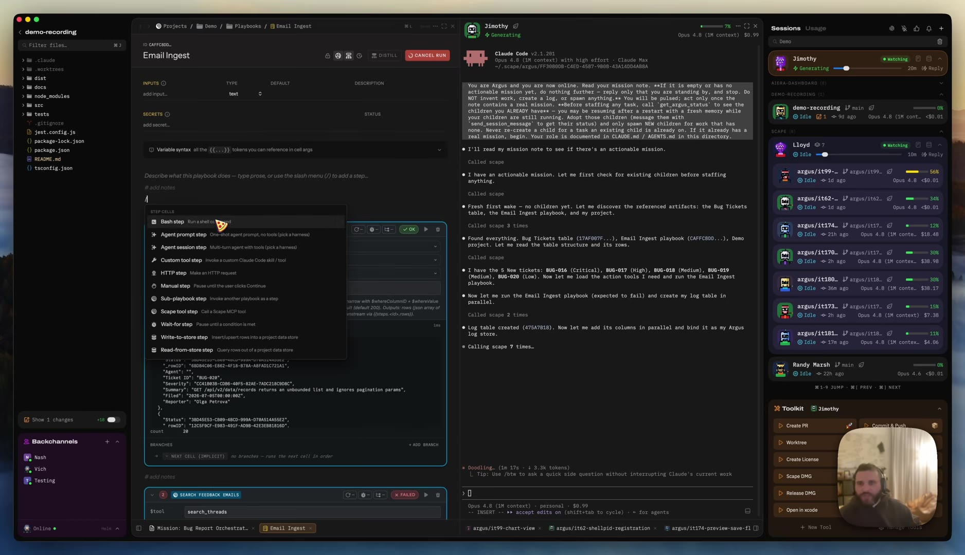 The slash step-type menu open in the playbook editor, listing Bash step, Agent prompt step (one-shot agent, no tools, pick a harness), Agent session step (multi-turn agent with tools, pick a harness), Custom tool step, HTTP step, Manual step, Sub-playbook step, Scape tool step, Wait-for step, Write-to-store step, and Read-from-store step