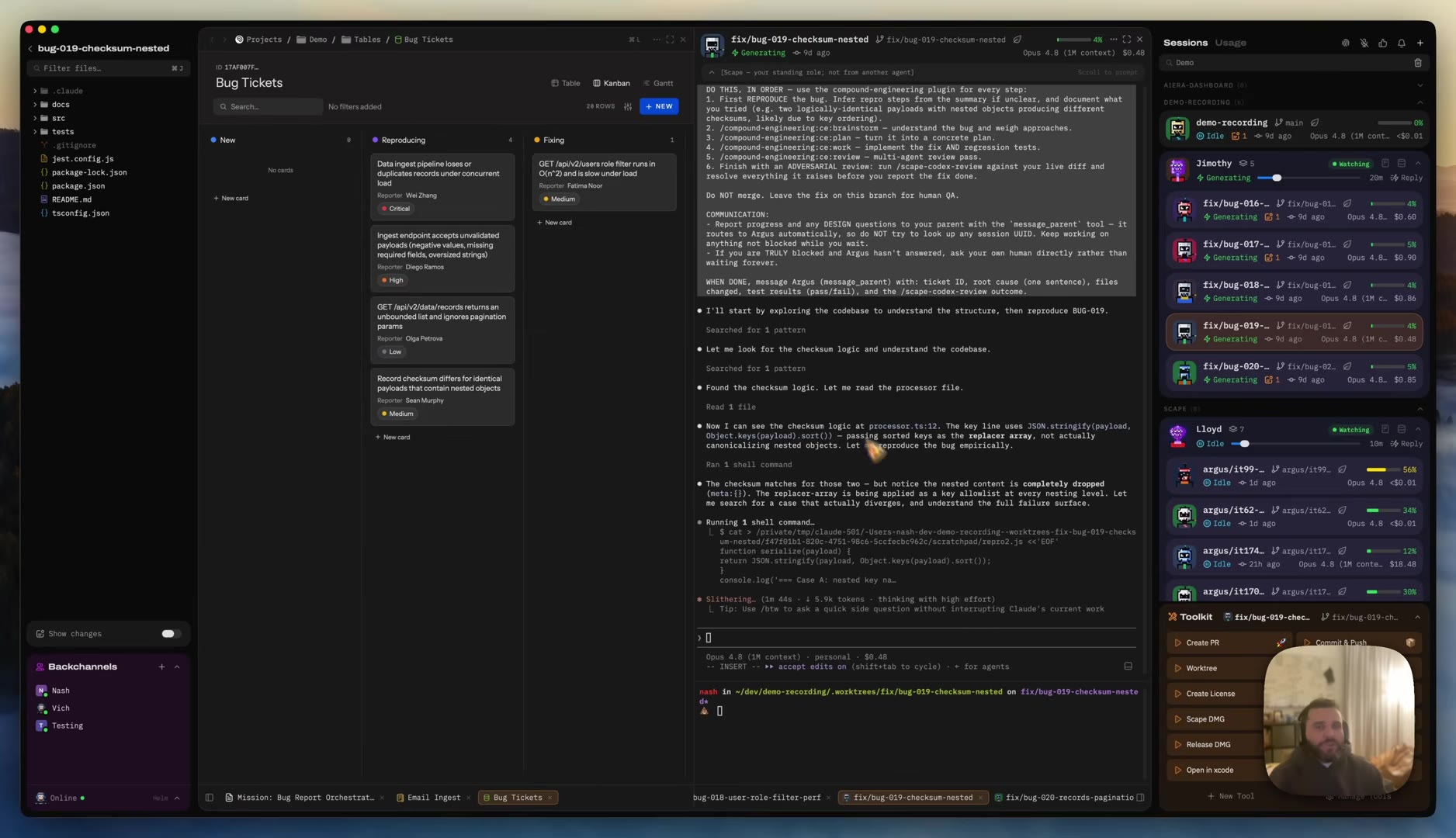 Bug Tickets rendered as a Kanban board with New, Reproducing, and Fixing columns; cards include the Critical ingest-concurrency bug (Wei Zhang), a High unvalidated-payloads bug (Diego Ramos), a Low pagination bug (Olga Petrova), a Medium checksum bug (Sean Murphy), and a Medium O(n^2) role-filter bug (Fatima Noor); a Table/Kanban/Gantt toggle sits top-right