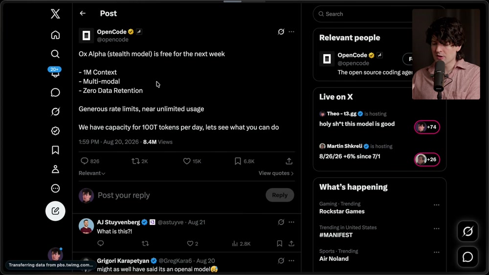 OpenCode X post announcing Ox Alpha as a free stealth model with 1M context, multimodality, and 100T tokens/day capacity