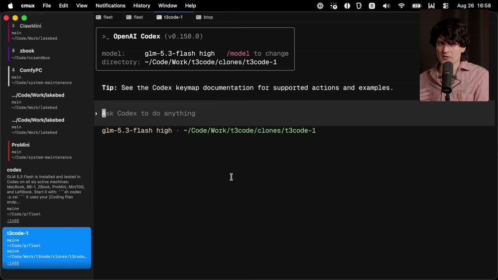 Codex terminal showing the active model set to "GLM-5.3-flash high" inside a T3 Code clone