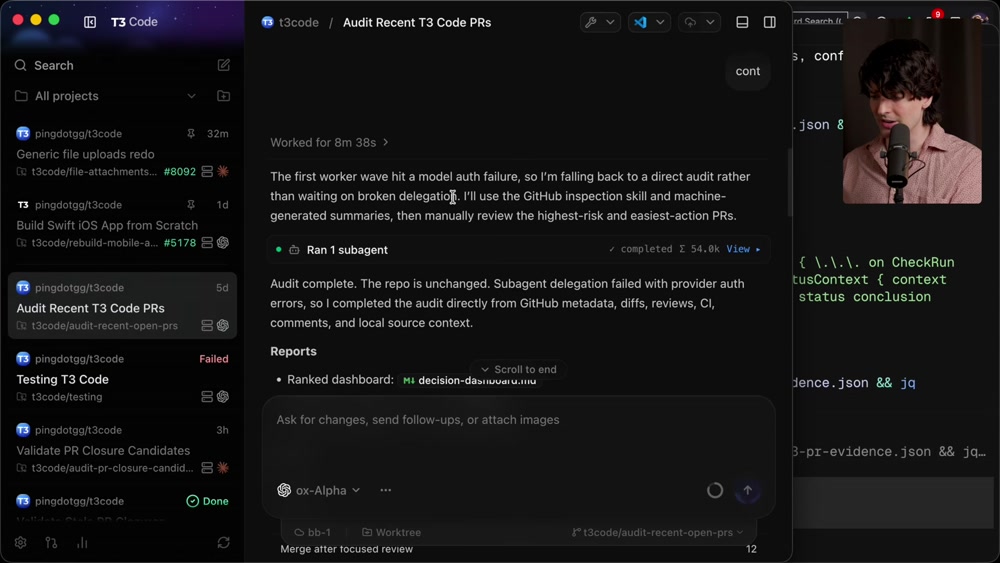 Agent report reading that sub-agent delegation failed with provider auth errors, so it completed the audit directly from GitHub metadata, diffs, reviews, CI, and local source