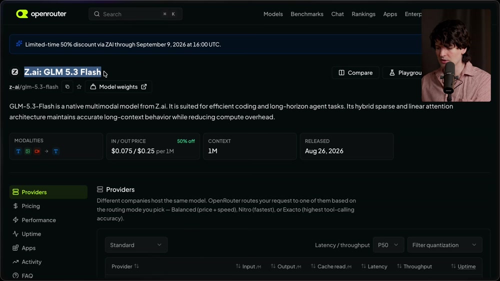 OpenRouter model page for Z.ai GLM 5.3 Flash: native multimodal, hybrid attention, $0.075/$0.25 per 1M at 50% off, 1M context, released Aug 26 2026