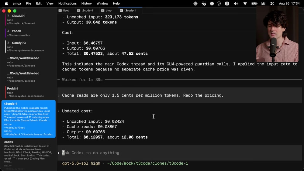 Terminal cost breakdown: uncached input $0.024, cache reads $0.088, output $0.007, total $0.12057 (~12.06 cents)