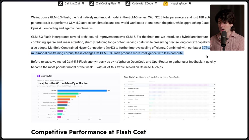 Z.ai blog post text introducing GLM 5.3 Flash: 320B total / 18B active params, hybrid sparse+linear attention, 30T-token multimodal corpus, tested anonymously as ox-alpha, served on Chinese AI chips