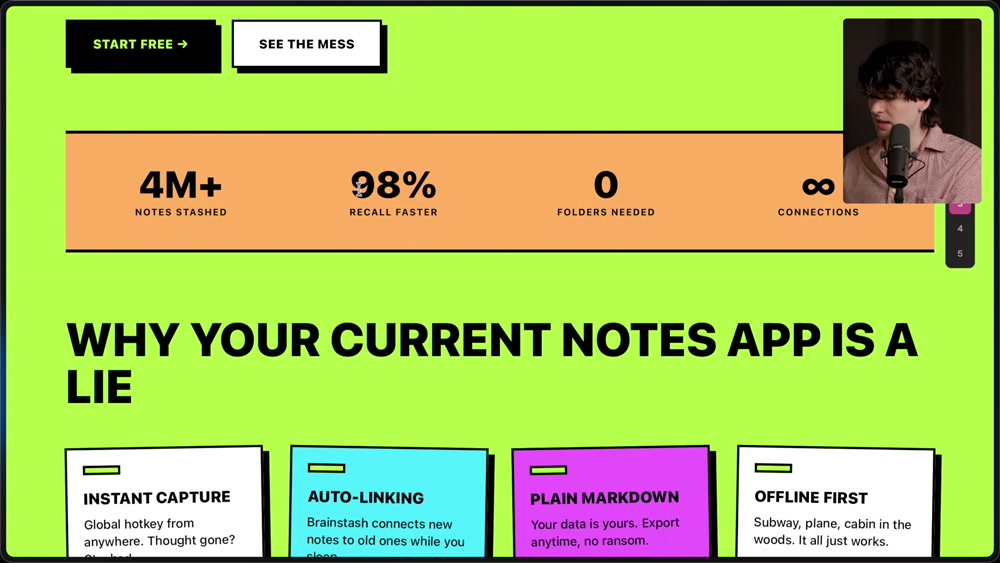 Frontend design output: a bright green and orange landing page headed "WHY YOUR CURRENT NOTES APP IS A LIE" with stat tiles