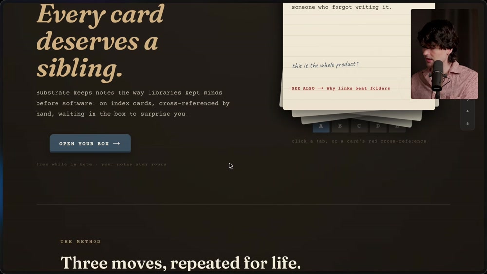 Frontend design output: a dark elegant "Substrate" page headed "Every card deserves a sibling" with an index-card motif