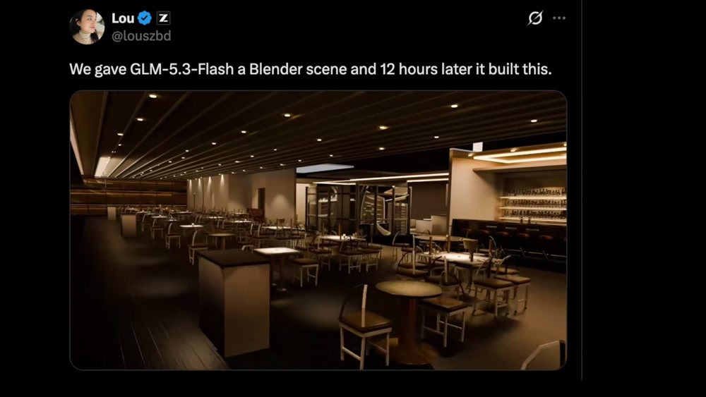 Tweet from Lou reading "We gave GLM-5.3-Flash a Blender scene and 12 hours later it built this" above a photorealistic restaurant/kitchen 3D render