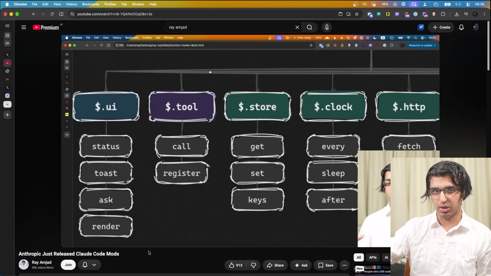 The mods API surface from Ray's earlier video: $.ui with status, toast, ask, render; $.tool with call, register; $.store with get, set, keys; $.clock with every, sleep, after; $.http with fetch