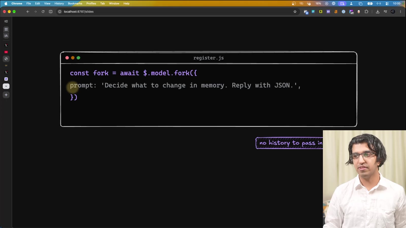 register.js: const fork = await $.model.fork with prompt 'Decide what to change in memory. Reply with JSON.'