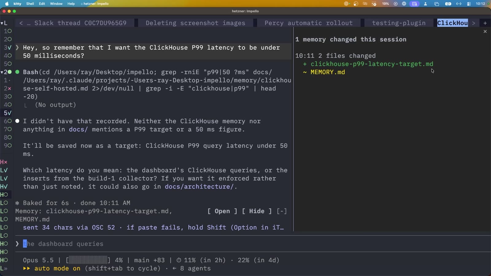 Side pane reading 1 memory changed this session, 2 files changed: clickhouse-p99-latency-target.md and MEMORY.md