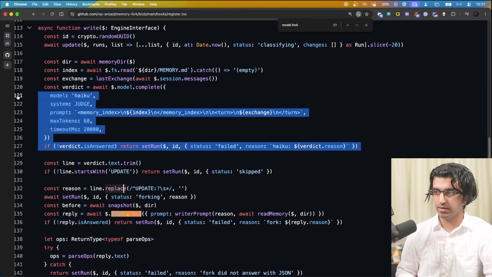 register.tsx in the memory-fork repo: a Haiku judge call with a 60-token cap and 20-second timeout, a skip unless the reply starts with UPDATE, then $.model.fork with a writer prompt and JSON write and delete operations applied to the memory folder