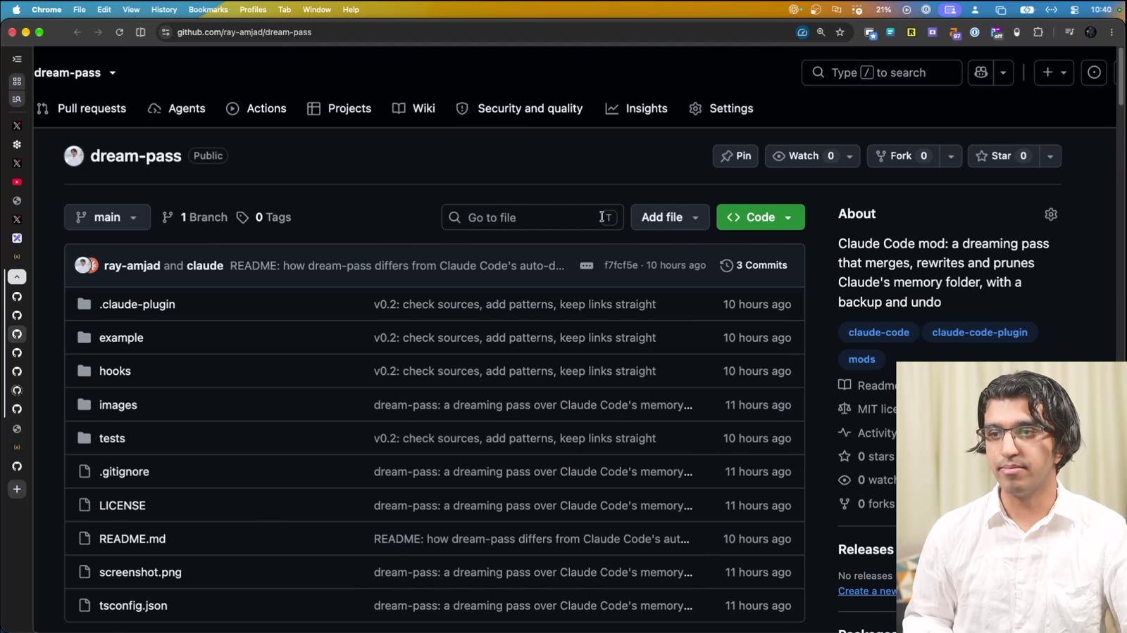The dream-pass repository on GitHub, a Claude Code mod that merges, rewrites and prunes Claude's memory folder with a backup and undo
