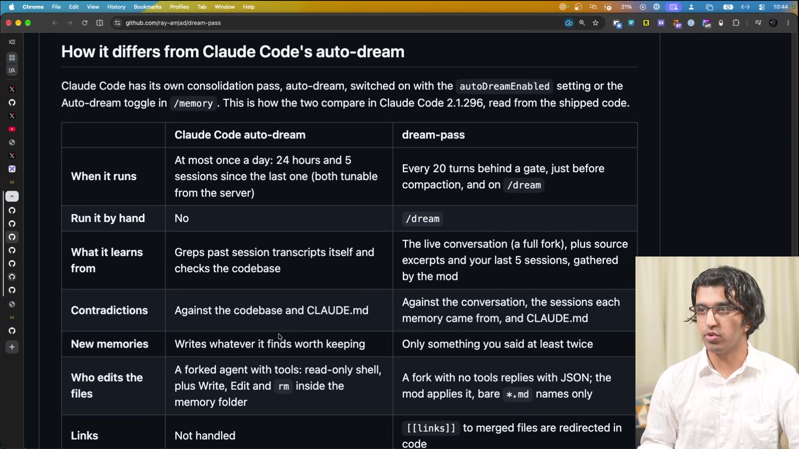 Table comparing Claude Code auto-dream with dream-pass: when it runs, whether you can run it by hand, what it learns from, contradictions, new memories, who edits the files, and links