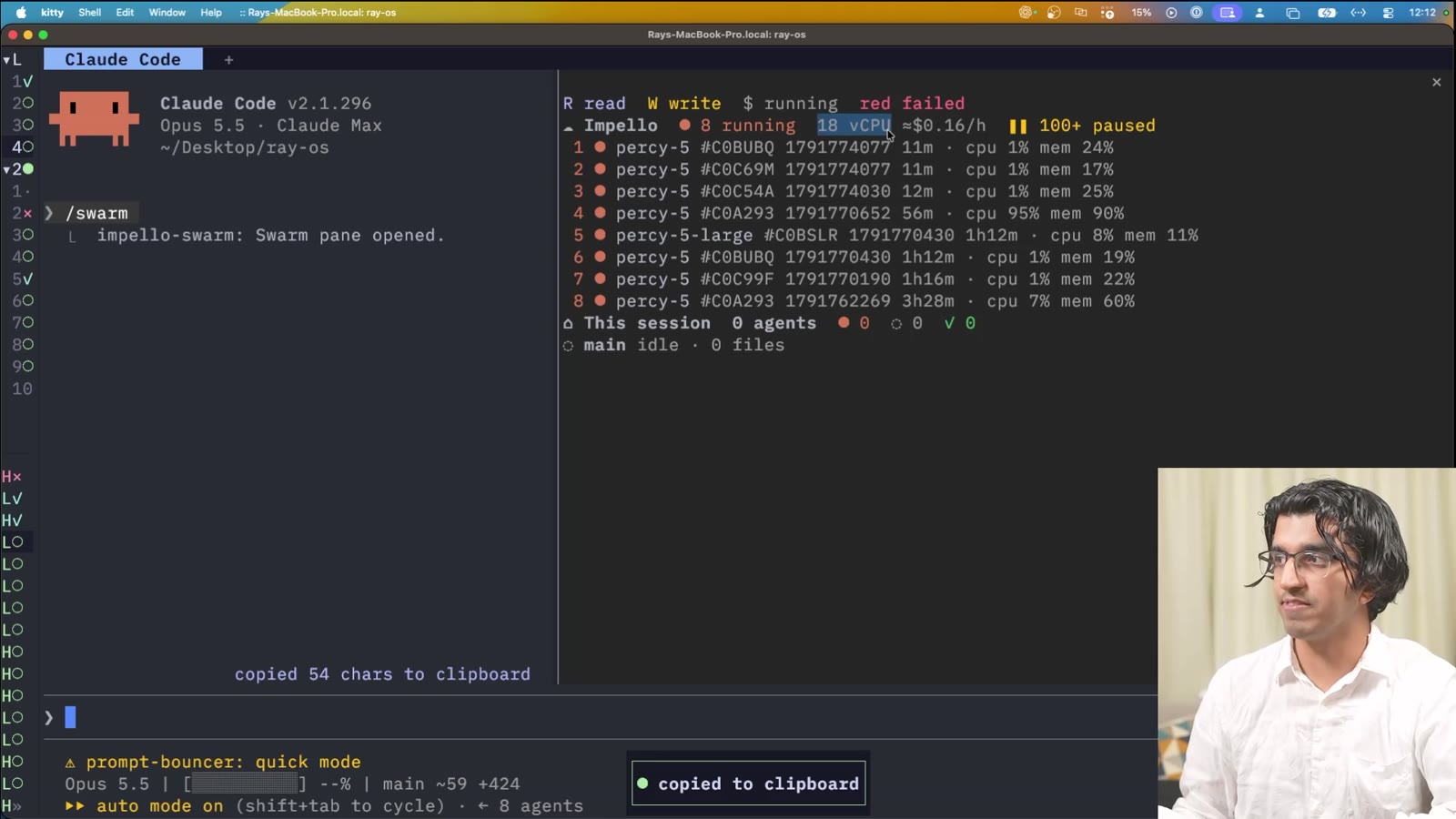 Swarm pane: Impello, 8 running, 18 vCPU, about $0.16 per hour, listing percy-5 sandboxes with CPU and memory use