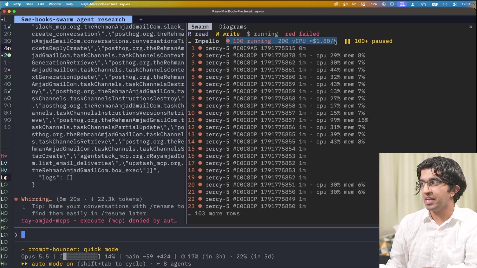 Swarm pane at 100 running agents on 206 vCPU, about $1.80 per hour