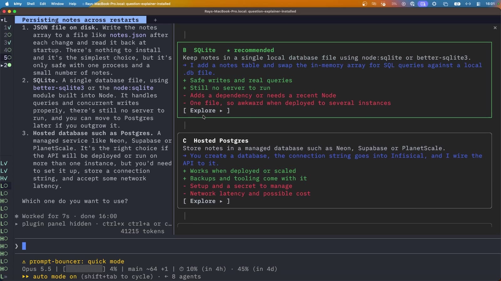 Decision tree pane: three storage options for a notes API, A JSON file on disk, B SQLite marked recommended, C Hosted Postgres, each with pros, cons and an Explore button