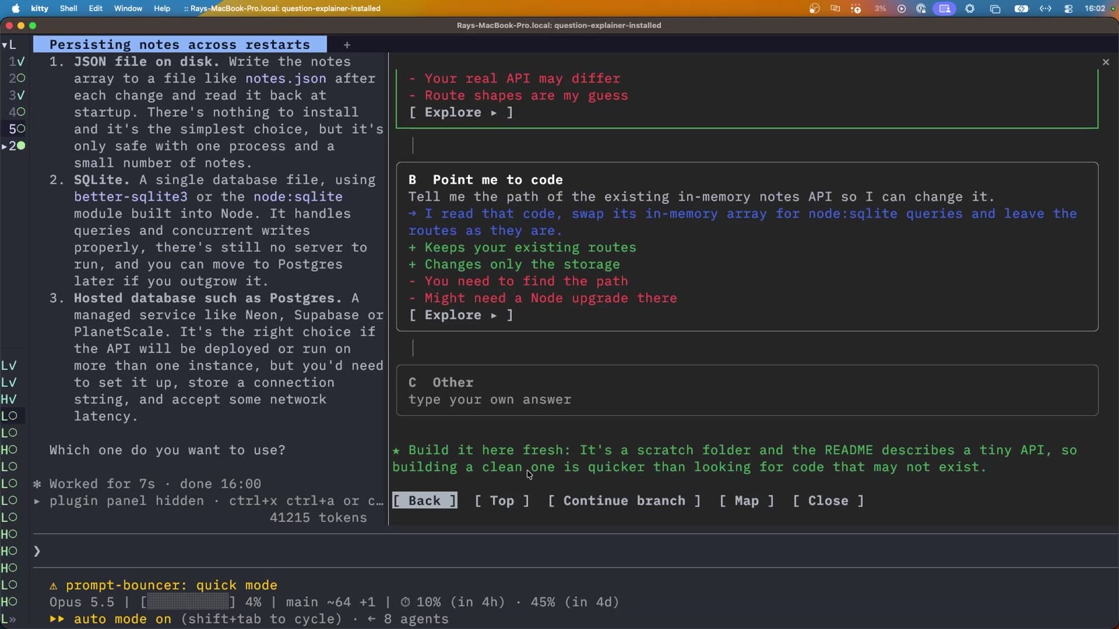 An explored branch showing an option's pros and cons with Back, Top, Continue branch, Map and Close buttons