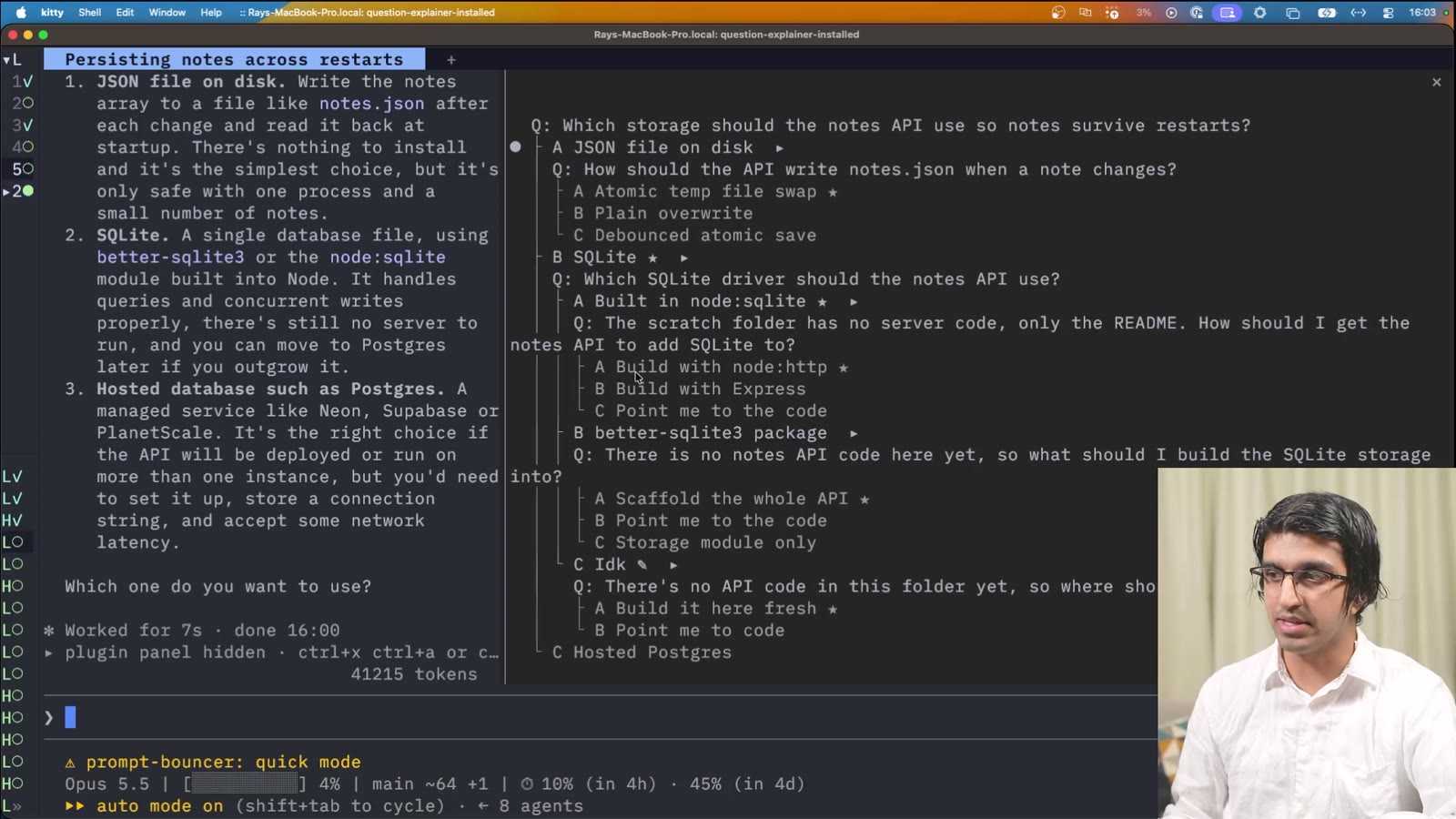 The decision map: the full tree of questions and answers explored, from storage choice to SQLite driver to where to build the API