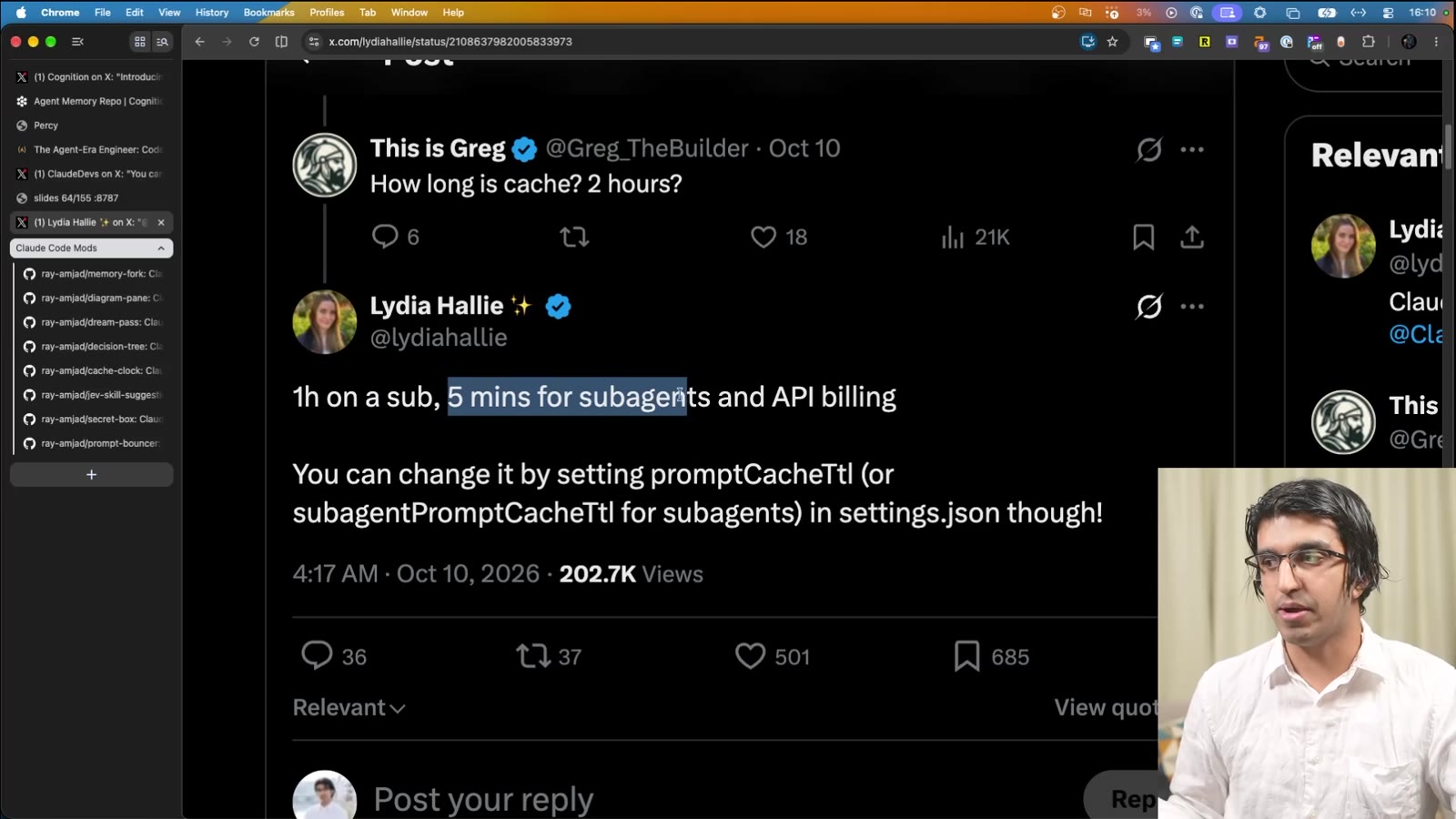 Post by Lydia Hallie: 1h on a sub, 5 mins for subagents and API billing, change it with promptCacheTtl or subagentPromptCacheTtl in settings.json