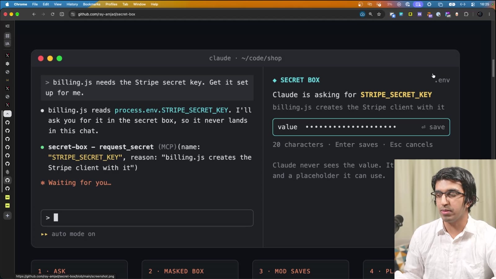 Secret Box pane: Claude is asking for STRIPE_SECRET_KEY, billing.js creates the Stripe client with it, with a masked value field