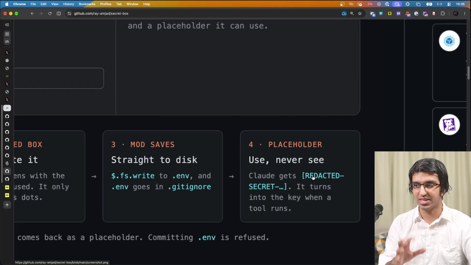 Secret Box steps: Masked box, you paste it and it only draws dots; Mod saves straight to disk with $.fs.write to .env, and .env goes in .gitignore; Placeholder, Claude gets REDACTED-SECRET which turns into the key when a tool runs