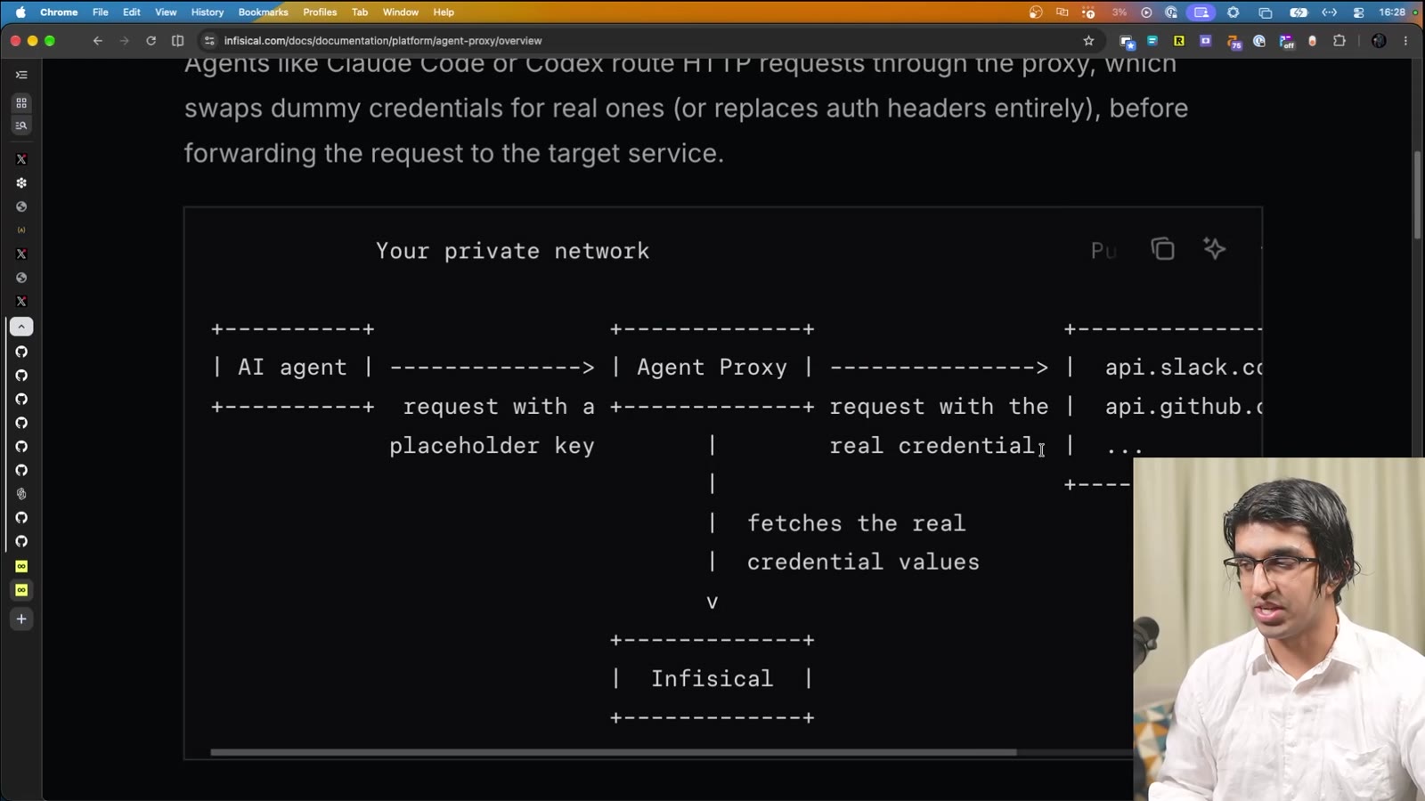 Infisical Agent Proxy diagram: an AI agent sends a request with a placeholder key to the Agent Proxy, which fetches the real credential from Infisical and forwards the request with the real credential to api.slack.com and api.github.com