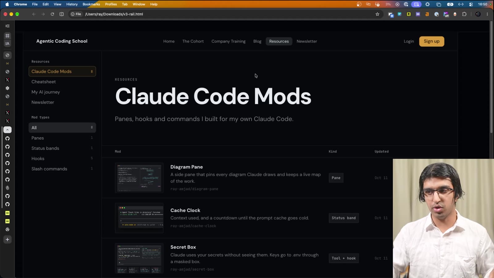 The Claude Code Mods page on Ray's site, listing Diagram Pane, Cache Clock, Secret Box and more