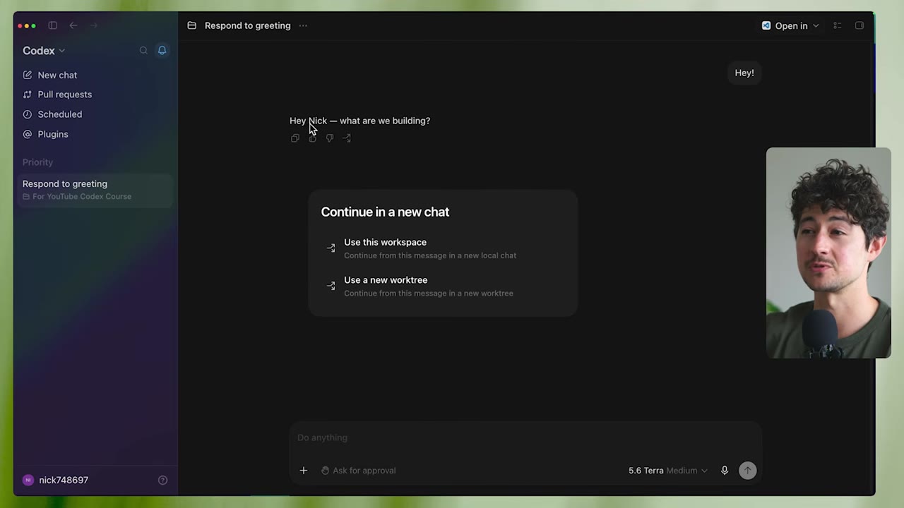 Codex chat with fork / new-workspace options