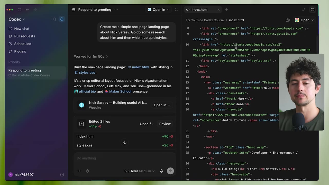Codex build result with a file diff summary