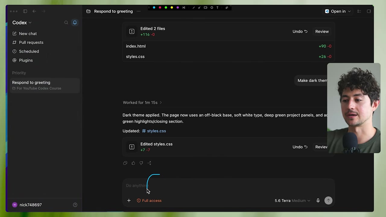 Full-access mode and the +7/-7 dark-theme diff