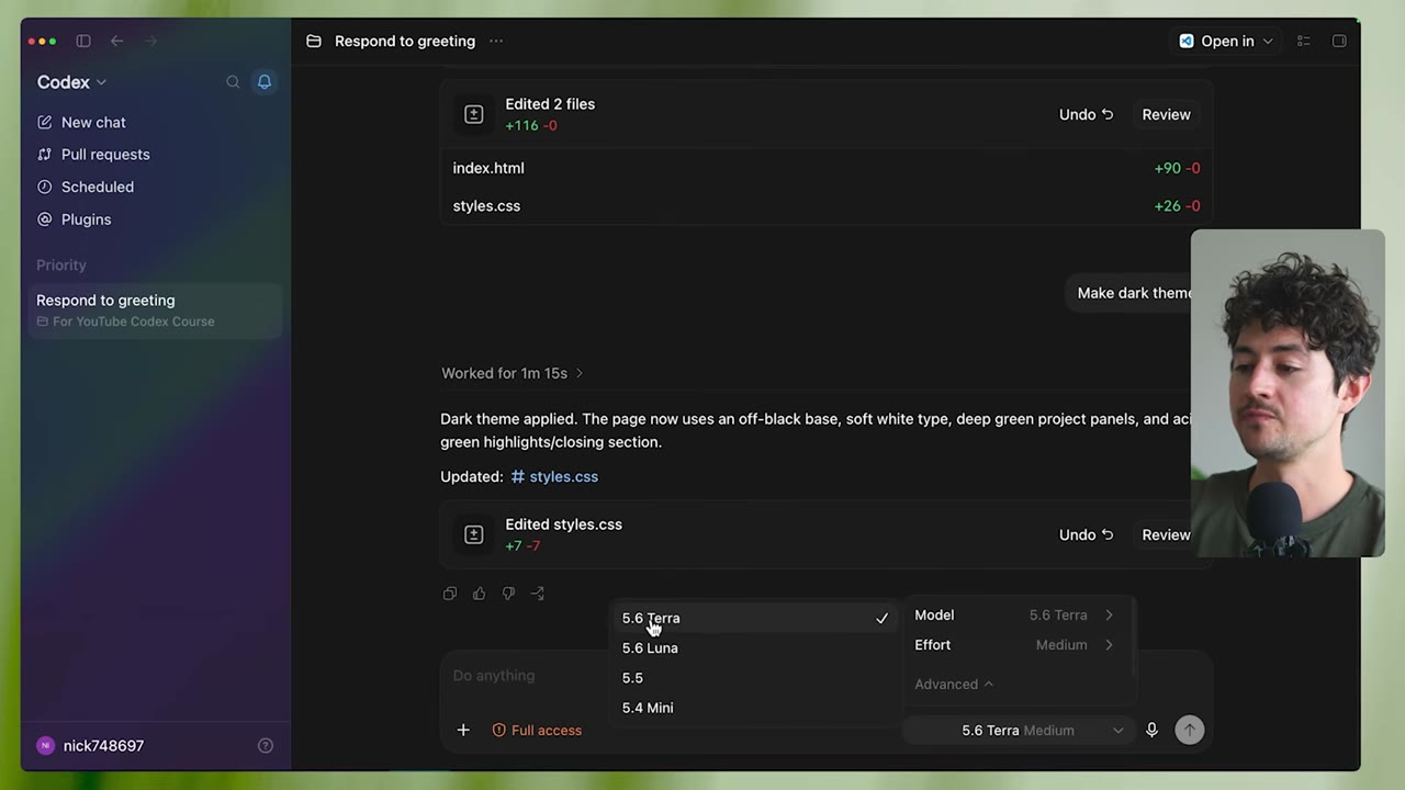 Codex model picker and effort selector